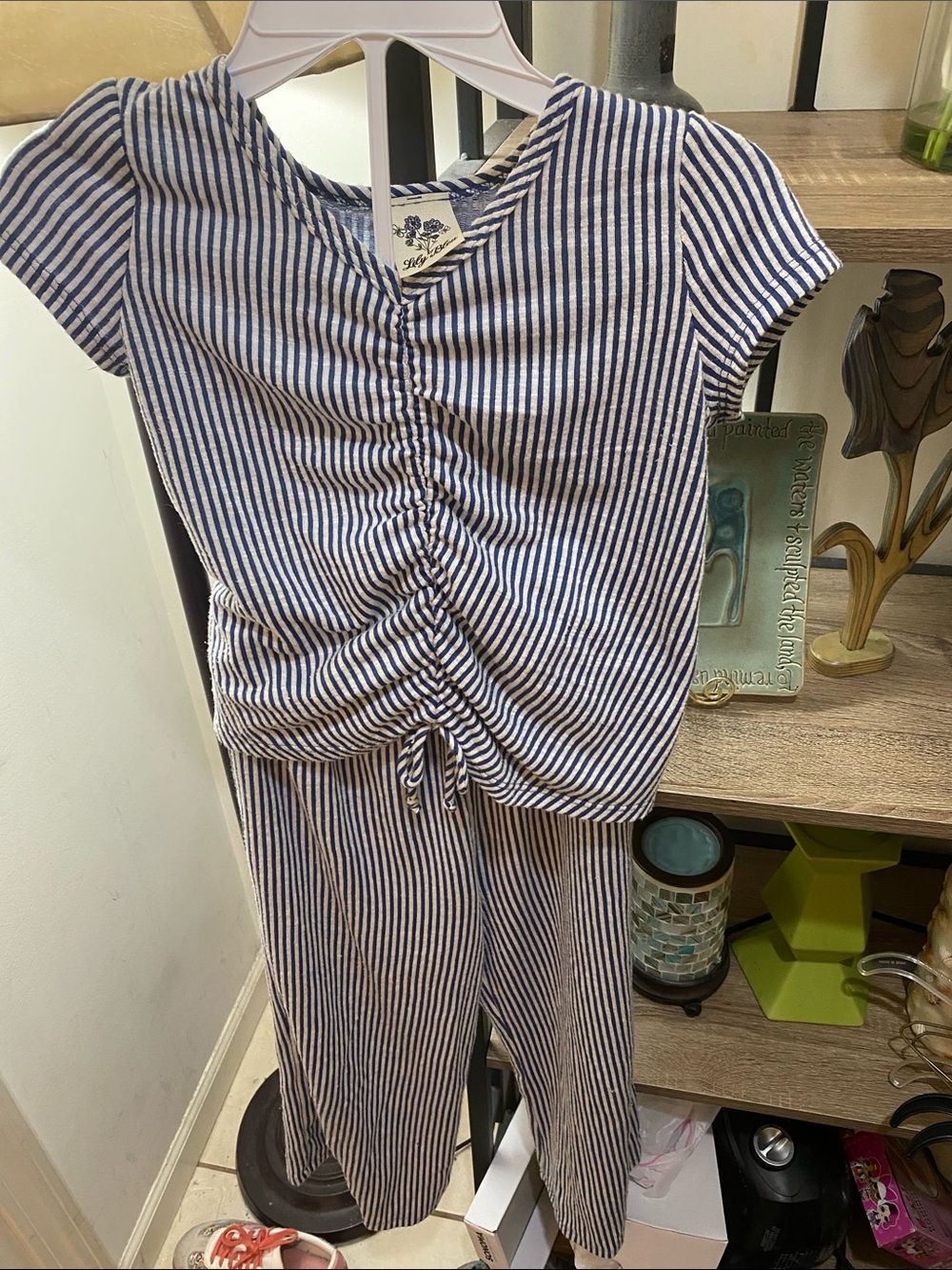 Lily Bleu Blue and White Striped Ruched Jumpsuit